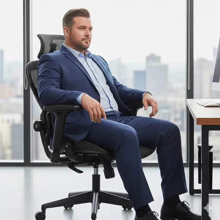 A professional-looking man of a larger build is seated comfortably and securely in a black, ergonomic, heavy-duty office chairs for heavy people.