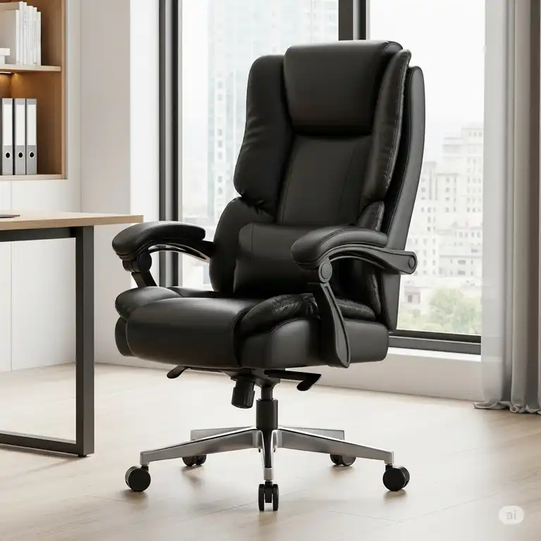 A spacious, ergonomic huge office chair with a high back and thick padding, perfect for providing comfort and support during long workdays.