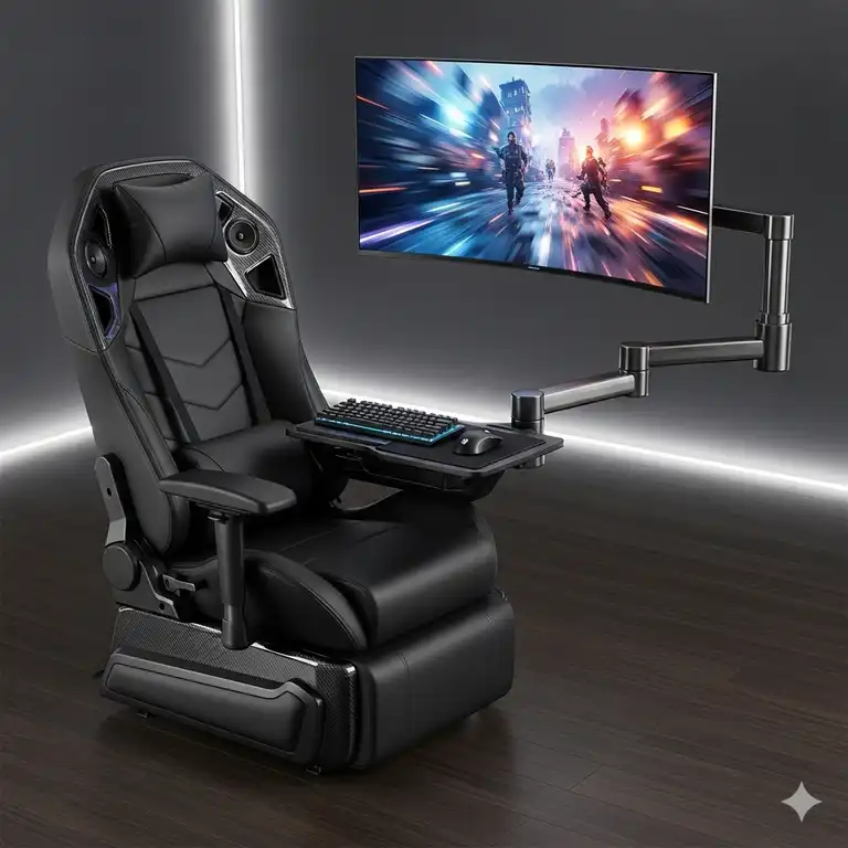 A luxurious black massive gaming chair with a mounted TV, perfect for an immersive gaming experience.