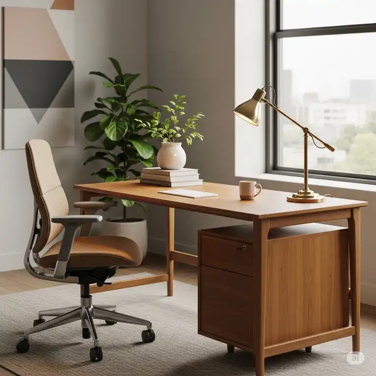 A stylish mid-century modern office featuring a minimalist wooden desk, an ergonomic task chair, and a vintage desk lamp, creating a productive and elegant workspace.
