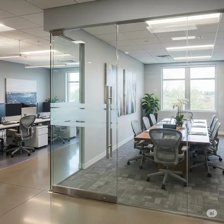 A modern office glass door entrance with a clear door and a sleek polished handle.