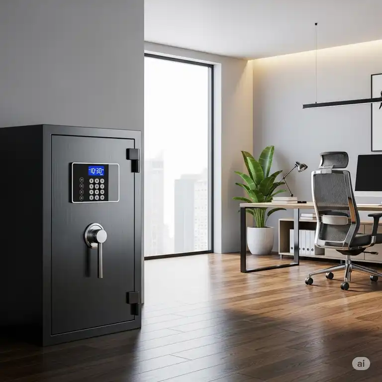 A modern digital office safe standing securely in a professional office environment, ready to protect important documents and valuables.