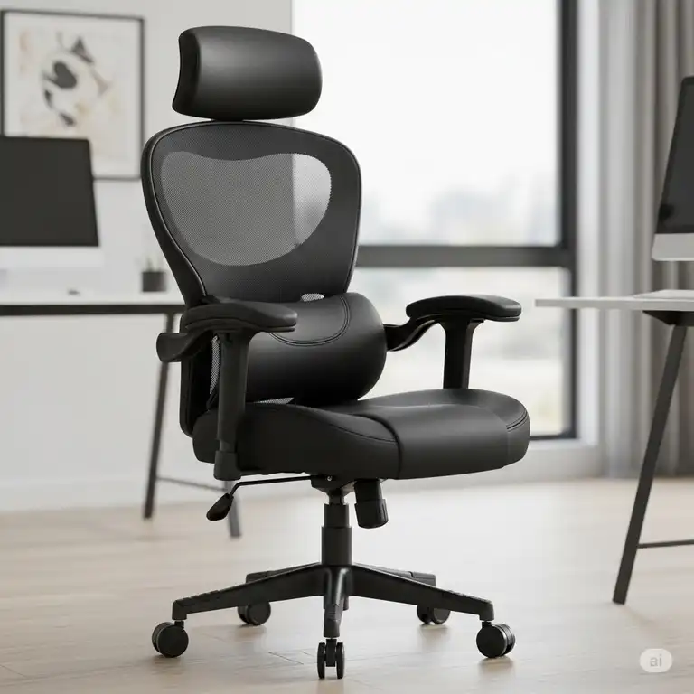 A heavy-duty black ergonomic office chair 300 lbs capacity, featuring adjustable lumbar support and padded armrests.