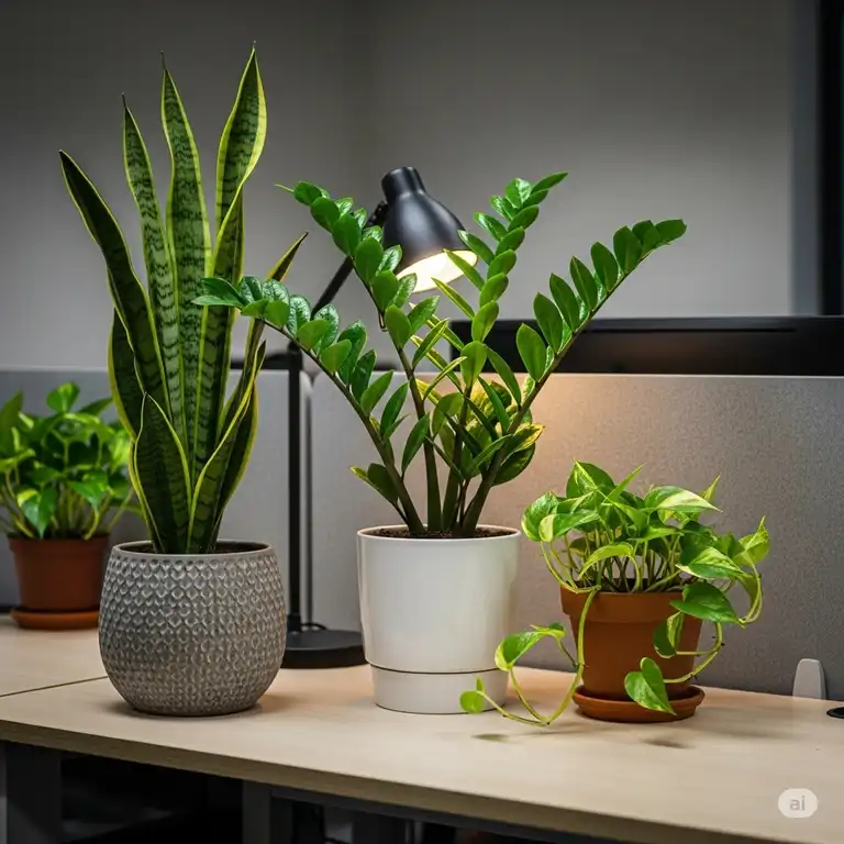 A collection of lush, low-light plants for office with no windows, like a snake plant and ZZ plant, arranged in stylish pots on a desk.