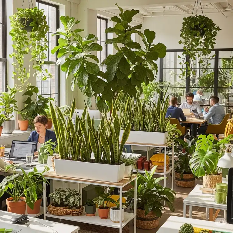 A vibrant, sun-drenched office space with a variety of plants inside office, creating a fresh and productive work environment.