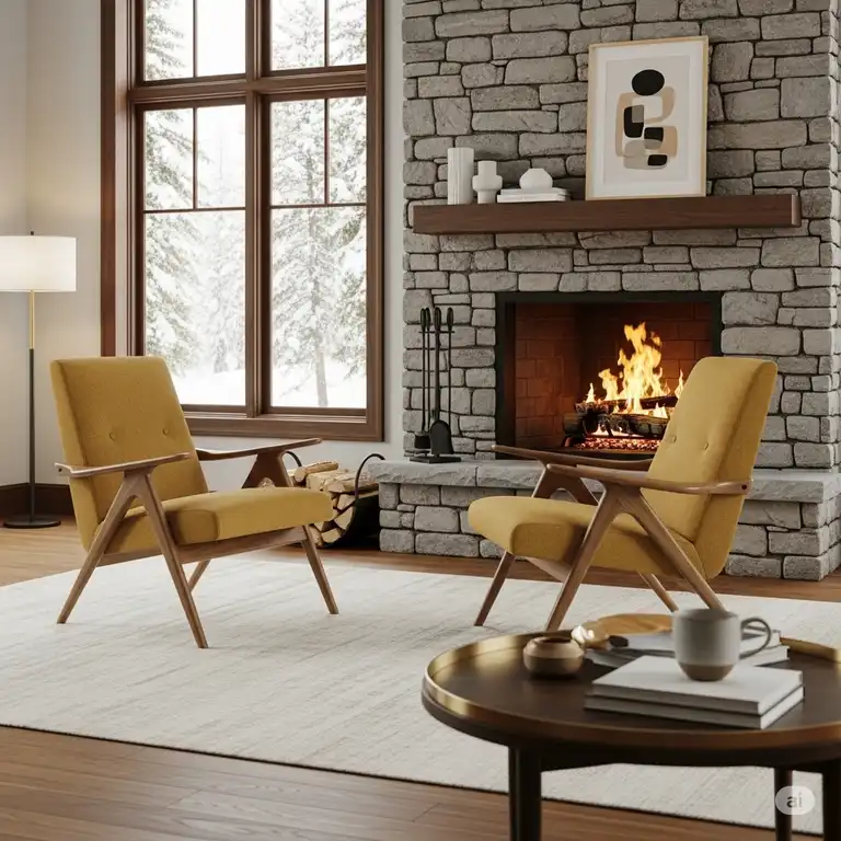A pair of stylish, mid-century modern set of 2 living room accent chairs in a living room with a cozy fireplace and a large window.