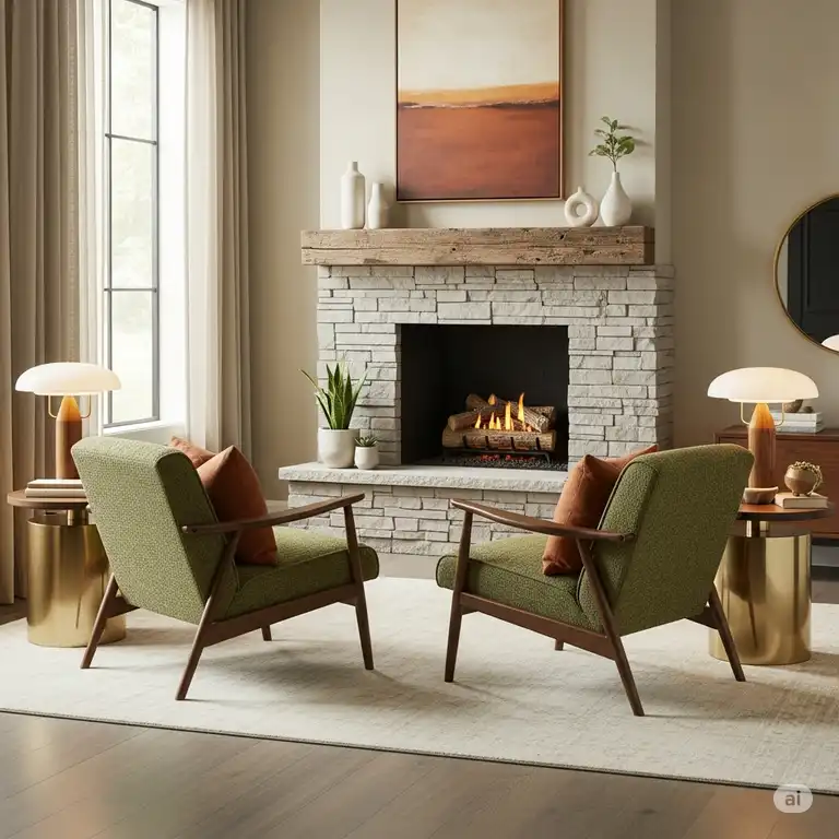 A beautiful set of two accent chairs in a cozy living room, placed symmetrically beside a fireplace.