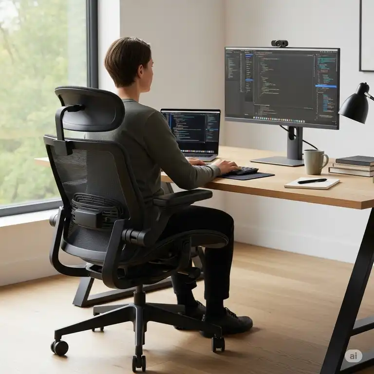 A person working comfortably at a desk in a desk chair wide with adjustable armrests and lumbar support.