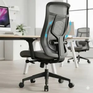 Close-up of a big and tall ergonomic office chair with adjustable lumbar support for back pain relief.