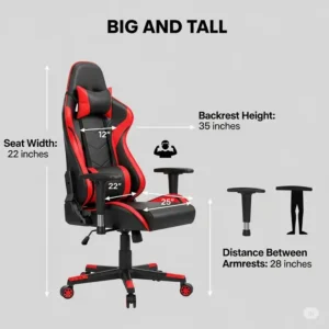 An infographic illustrating the dimensions of a big and tall gaming chair 500 lbs to help buyers confirm the size.