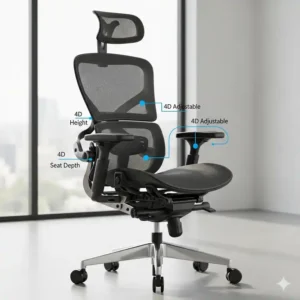 An ergonomic office chair with an adjustable seat depth and high backrest, showcasing features ideal for supporting chairs tall people posture.