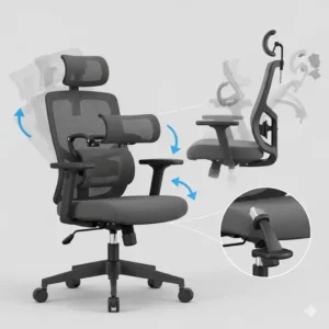 An ergonomic compact desk chair showing its adjustable features for proper posture and comfort.