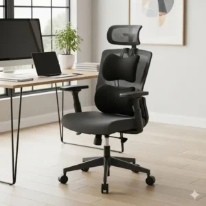 An ergonomic, compact small desk chairs with adjustable lumbar support and armrests, shown in a modern office setting.


