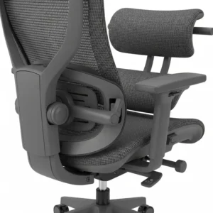 Close-up of the ergonomic design of a desk chair wide, highlighting the adjustable lumbar support and headrest.