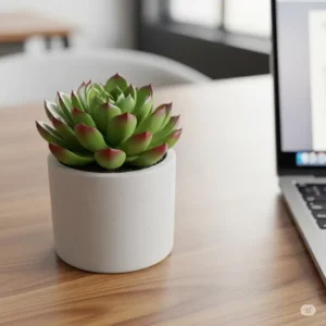 A close-up of a small succulent plant on a desk next to a laptop, highlighting the benefits of plants inside office.