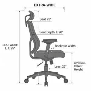 An illustration showing the specific dimensions of an extra wide office chair, highlighting the generous seat width and depth.