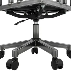 Close-up of a durable steel frame and reinforced base on a desk chair for a large person, built to support up to 500 lbs.