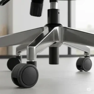 Close-up of the heavy-duty metal base and smooth-rolling casters on the office chair with 300 lb capacity.