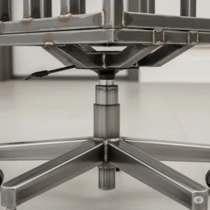 Close-up of the reinforced steel frame and base of a heavy-duty office chair, highlighting the robust construction for high weight capacity.