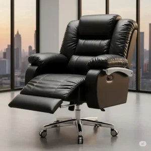 A huge office chair with a retractable footrest for ultimate relaxation and leg support.