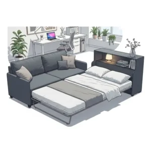 Illustration of a pull-out couch that transforms into a comfortable office bed.