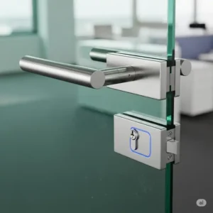 A close-up shot of a frameless office glass door handle and a secure locking mechanism.