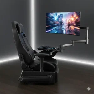 Side view of the massive gaming chair with a mounted TV, highlighting its ergonomic design.