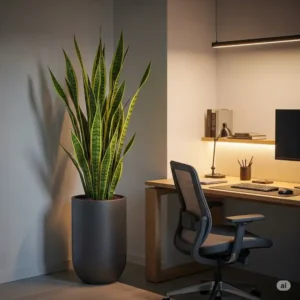 A tall, vibrant snake plant, one of the best plants for office with no windows, in a sleek planter.