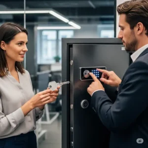 Two employees, one with a key and one entering a code, demonstrating the dual-security features of a new office safe.