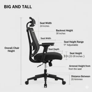 Diagram showing the generous dimensions of a big and tall ergonomic office chair, including seat width and height.