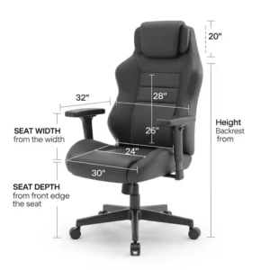A diagram showing the specific desk chair wide dimensions of a spacious office, including seat width and depth.