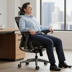 A person comfortably seated in an ergonomic office chair with 300 lb capacity, highlighting its spacious seat and sturdy frame.
