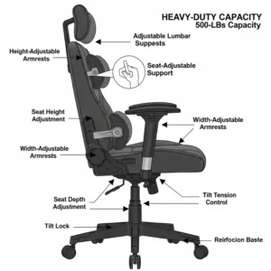 A diagram showing the adjustable ergonomic features, including lumbar support and armrests, of a 500 pound office chair.