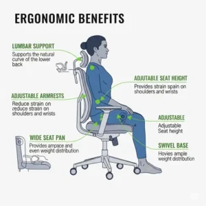 A diagram illustrating the ergonomic benefits of a wide office chair, including proper lumbar support and adjustable armrests.