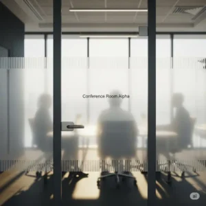 A stylish frosted office glass door, providing privacy for a conference room.