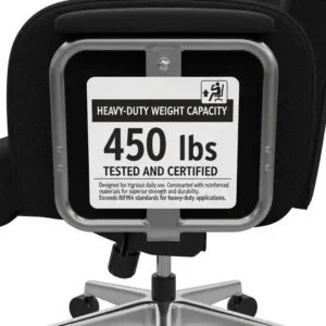 A product label on a chair clearly indicating its high weight capacity, often exceeding 400 lbs, for heavy-duty use for chairs for heavy people.
