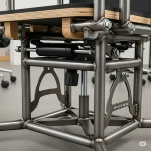 A close-up shot of the reinforced steel frame and wide seat base of a heavy-duty desk chair rated for 300 lbs.