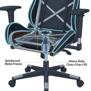 An illustration highlighting the reinforced metal frame and heavy-duty gas lift of what makes a high weight capacity chair the best gaming chair for big guys.