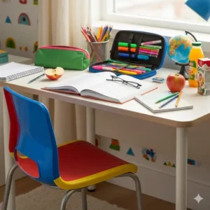  A colorful, small study chairs designed for children, placed at a student's desk with school supplies.