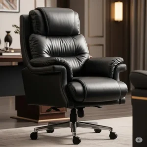 Luxurious black leather huge office chair featuring a wide seat and plush armrests, designed for superior comfort and style.