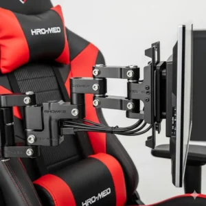 Close-up shot of the adjustable mount for a massive gaming chair with a mounted TV, showing its sturdy construction.