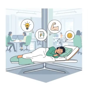 Illustration of a person taking a power nap on an office bed, highlighting the benefits of short breaks.