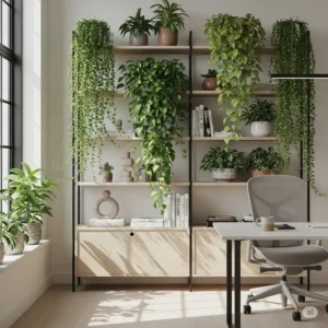 A modern shelving unit with hanging and potted plants inside office, serving as stylish and natural decor.