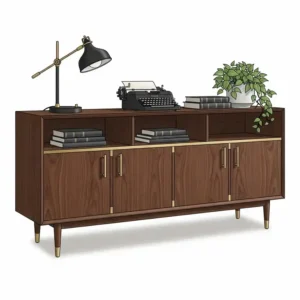 Illustration of a sleek mid-century modern credenza or storage unit for an office, featuring dark wood and brass accents, perfect for organizing.