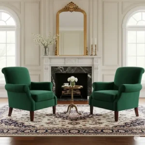 A luxurious set of 2 living room accent chairs in a rich emerald green, positioned symmetrically in a formal living room.