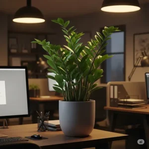 A beautiful ZZ plant, one of the best plants for office with no windows, with glossy, dark green leaves.