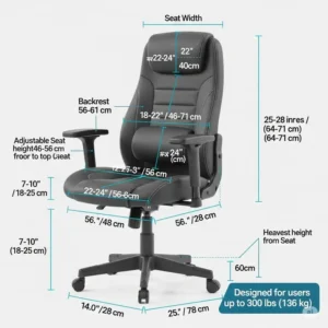 Diagram illustrating the dimensions of a desk chair designed for users up to 300 lbs, including seat width and height.