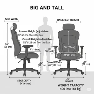 A diagram illustrating the specific dimensions of big and tall office chairs 400 lbs, including seat width and backrest height, suitable for larger users.