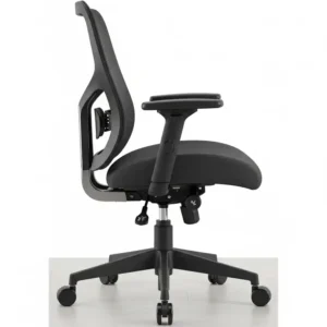 Side view of the office chair with 300 lb capacity, showing its adjustable armrests, seat height, and tilt function.