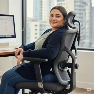 A person sitting comfortably in a bariatric desk chair.